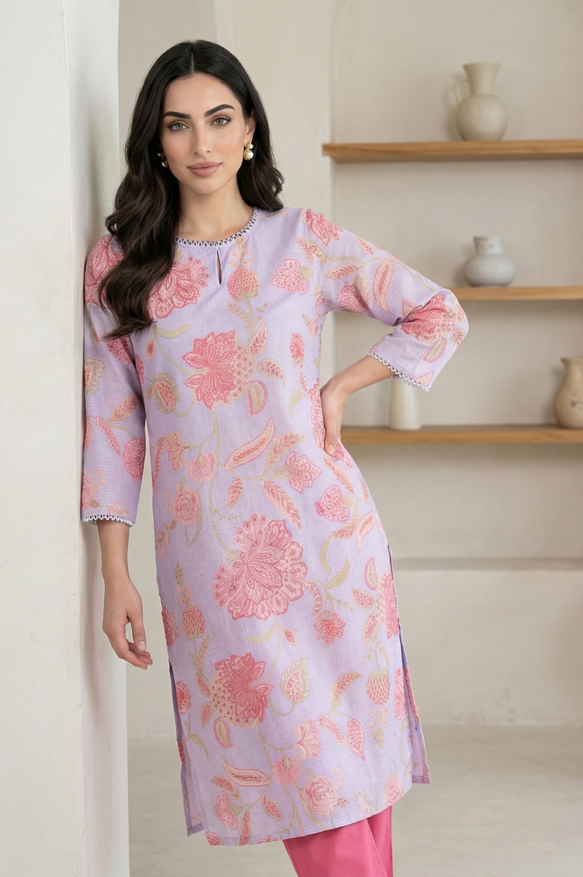 Lavender Floral Printed Lace Kota Straight Kurta - XL