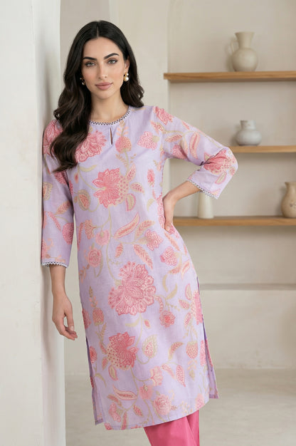 Lavender Floral Printed Lace Kota Straight Kurta