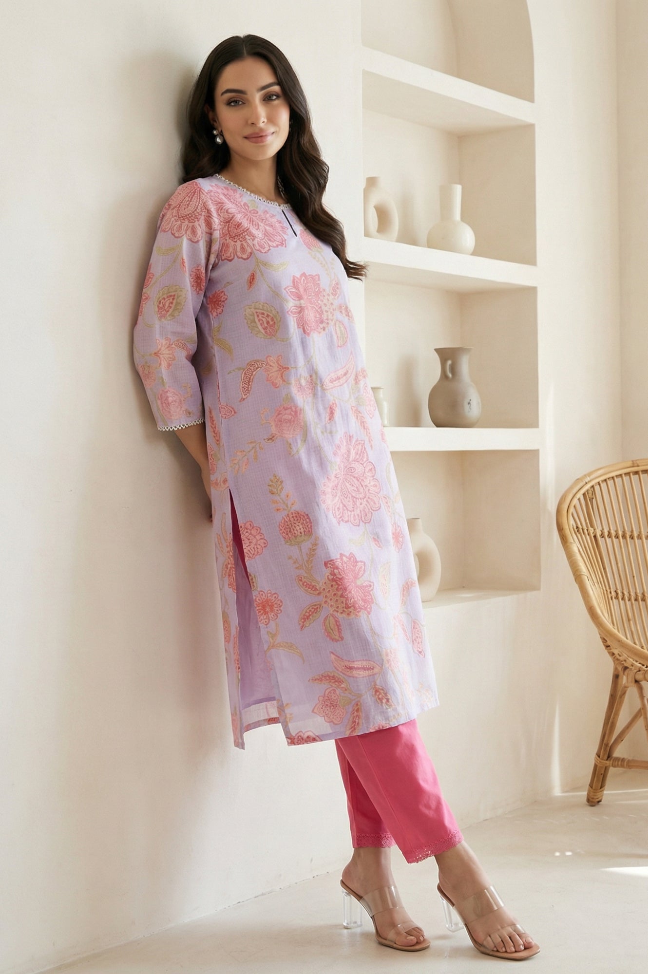 Lavender Floral Printed Lace Kota Straight Kurta