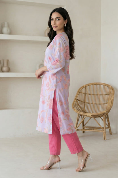 Lavender Floral Printed Lace Kota Straight Kurta
