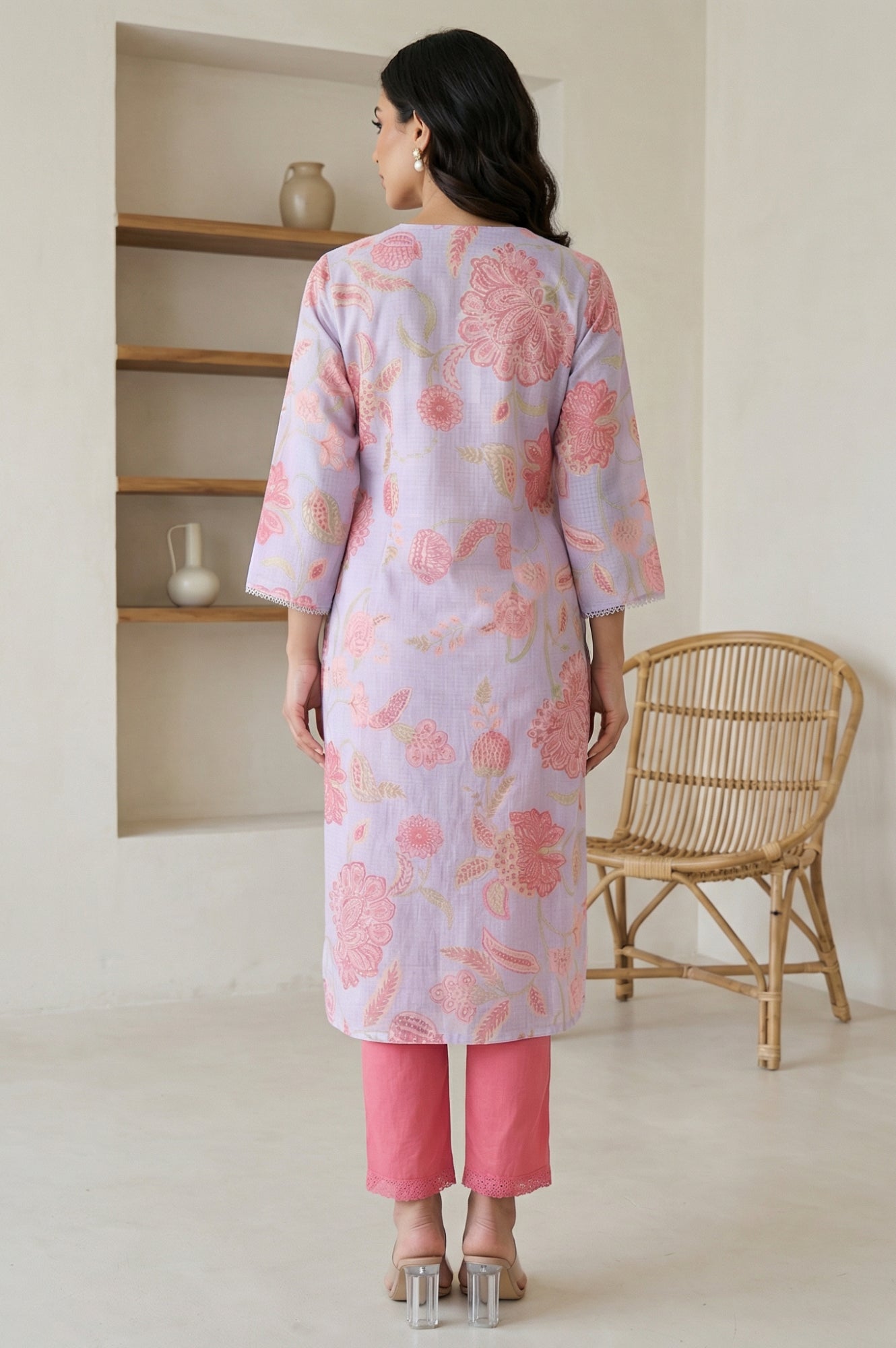 Lavender Floral Printed Lace Kota Straight Kurta