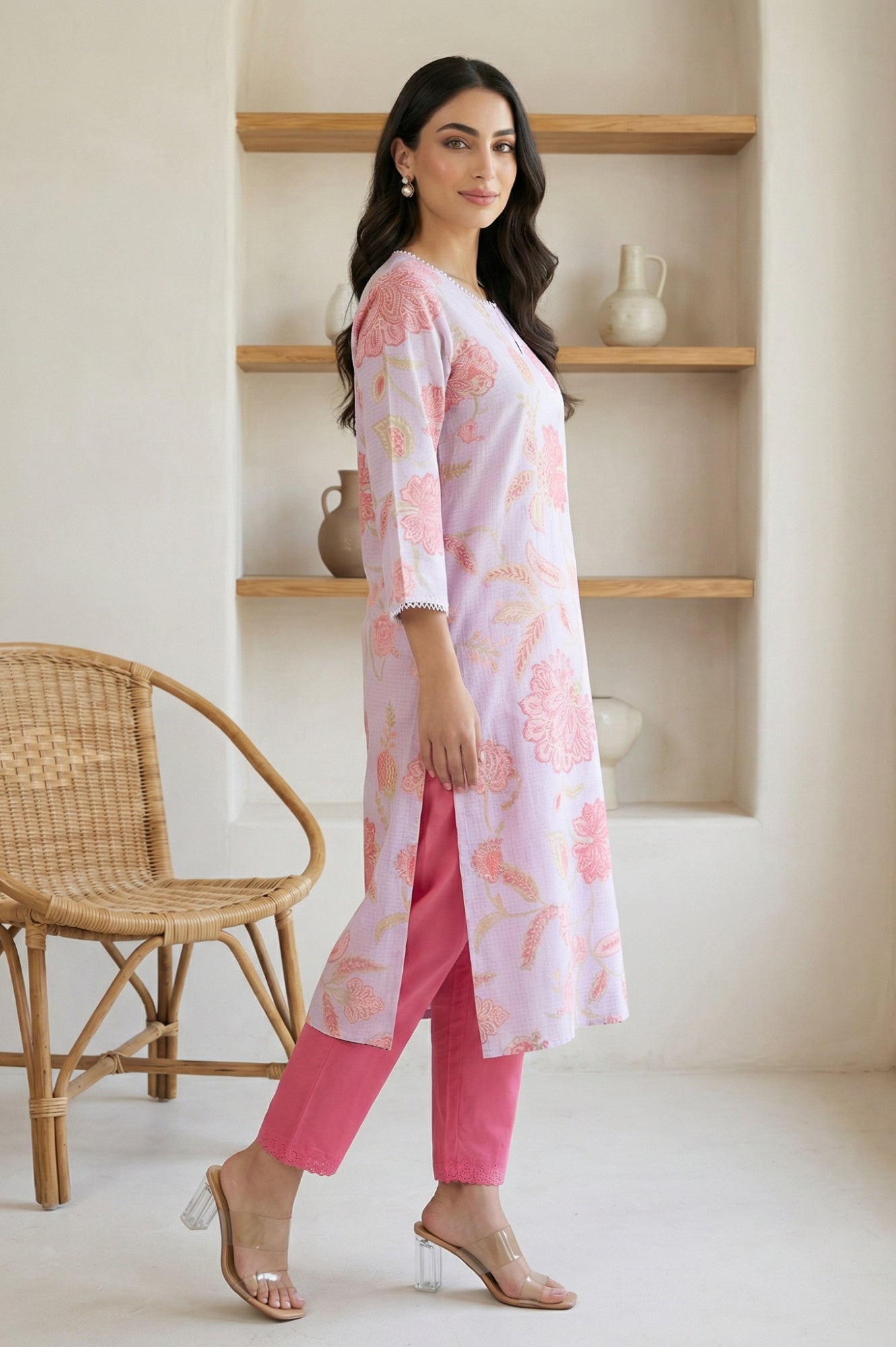 Lavender Floral Printed Lace Kota Straight Kurta