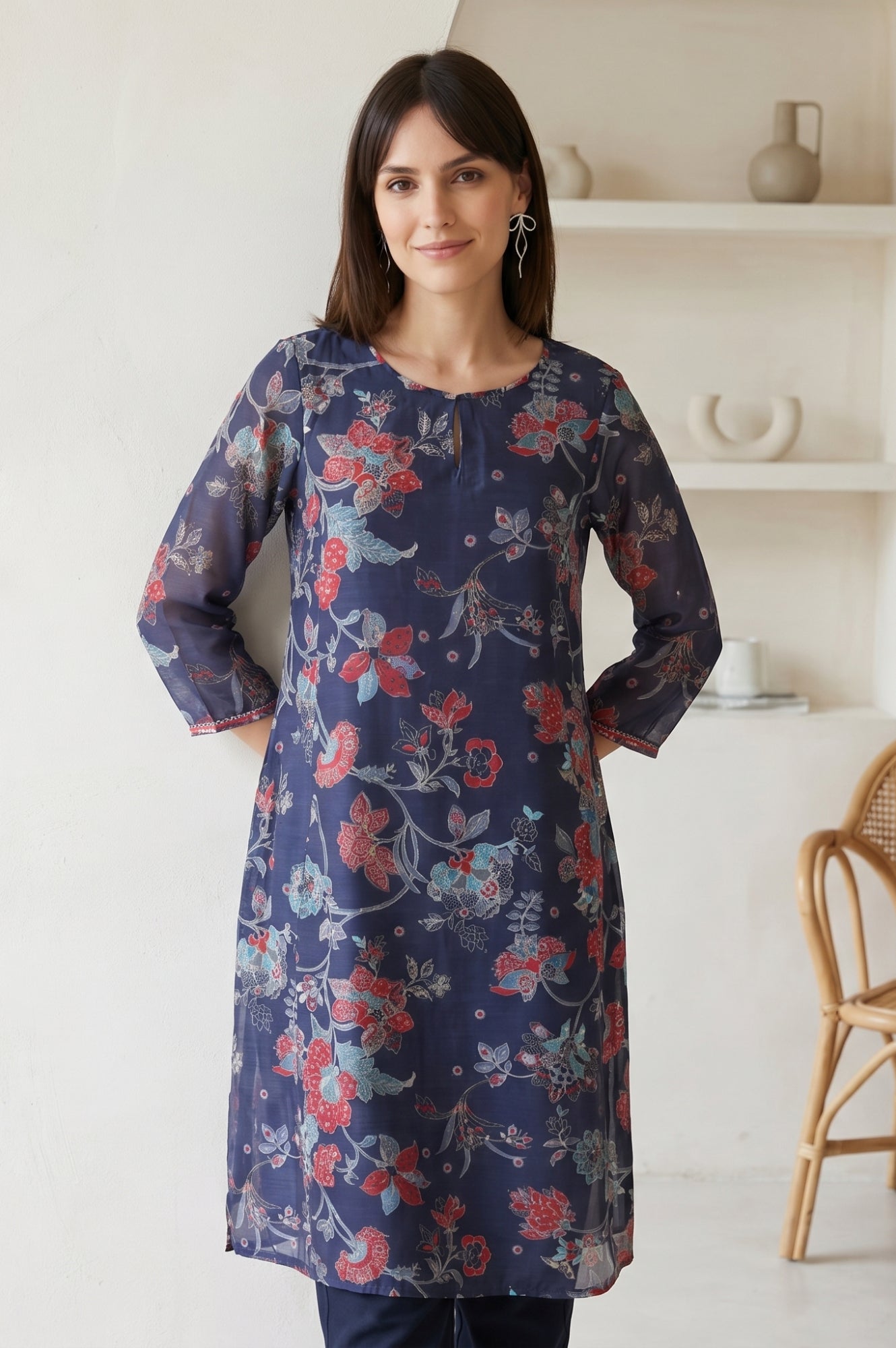 Navy Blue Floral Printed Chanderi Straight Kurta