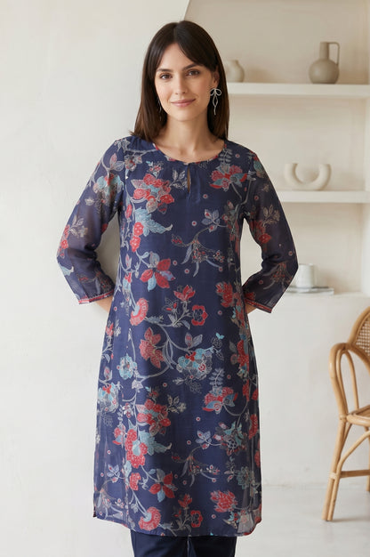 Navy Blue Floral Printed Chanderi Straight Kurta