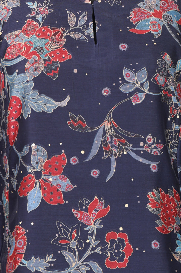 Navy Blue Floral Printed Chanderi Straight Kurta