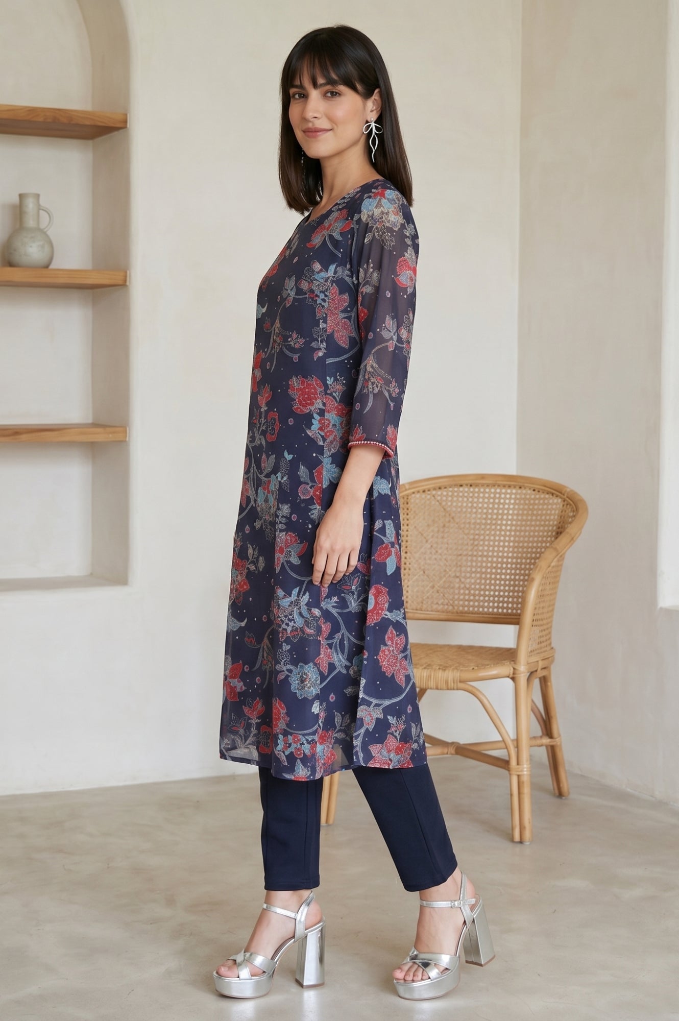 Navy Blue Floral Printed Chanderi Straight Kurta