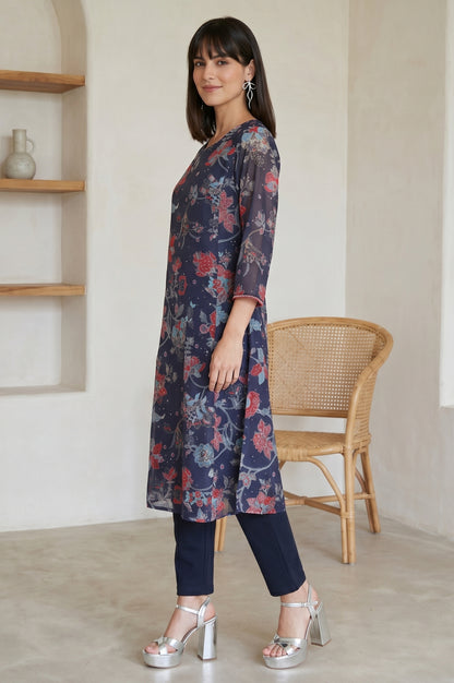 Navy Blue Floral Printed Chanderi Straight Kurta