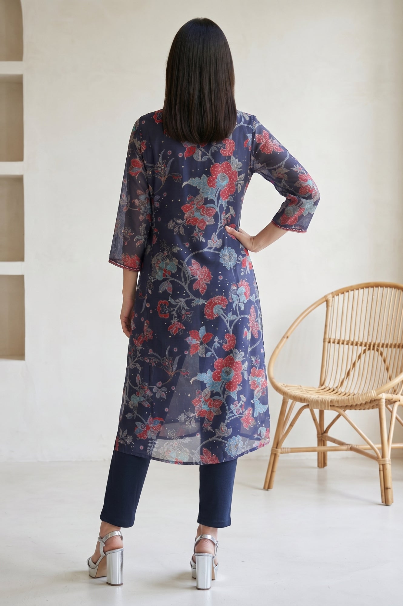 Navy Blue Floral Printed Chanderi Straight Kurta