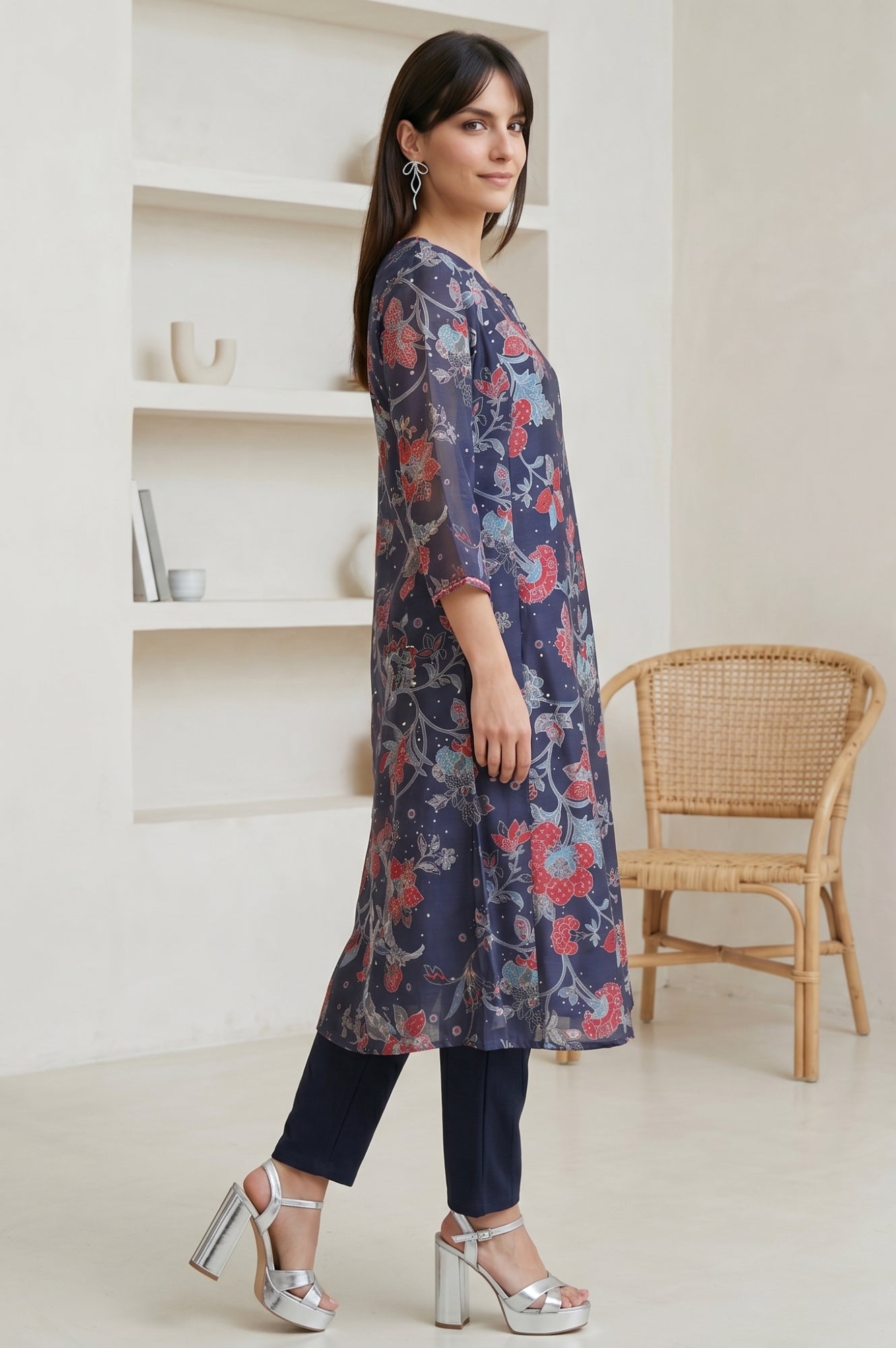 Navy Blue Floral Printed Chanderi Straight Kurta