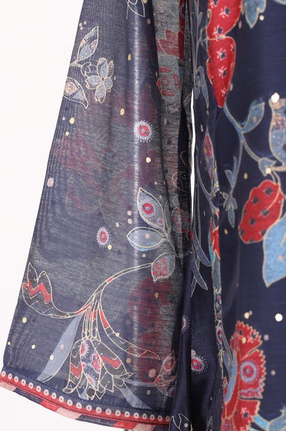 Navy Blue Floral Printed Chanderi Straight Kurta