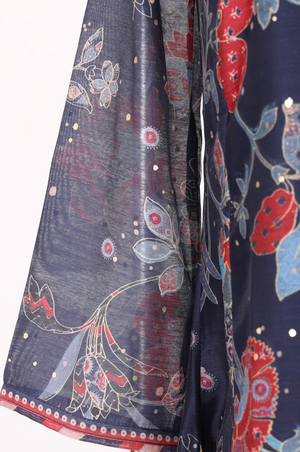 Navy Blue Floral Printed Chanderi Straight Kurta