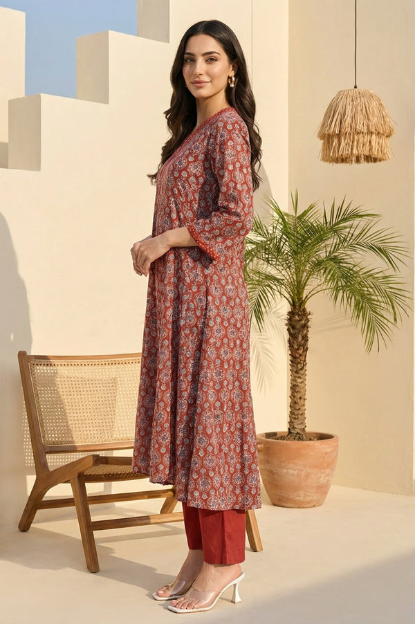 Rust Ethnic Motifs Rayon A-line Kurta