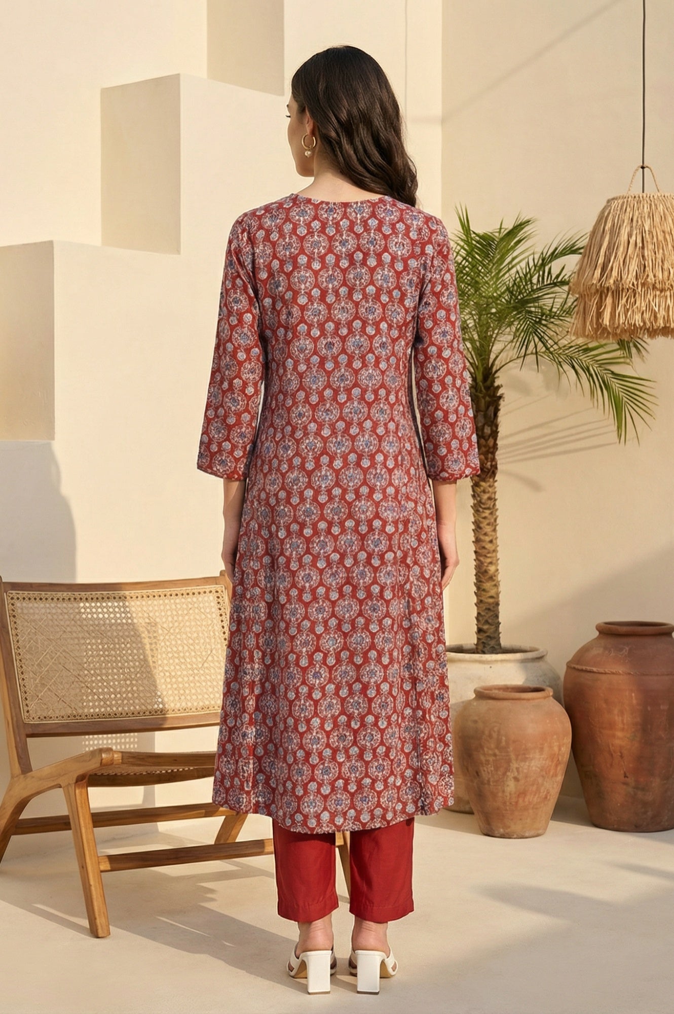 Rust Ethnic Motifs Rayon A-line Kurta