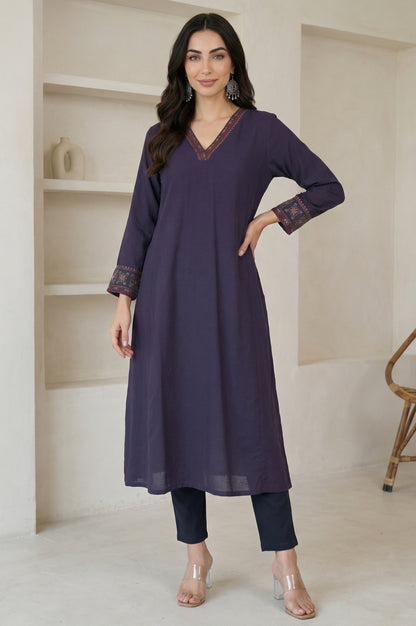Blue Embroidered A-line Kurta