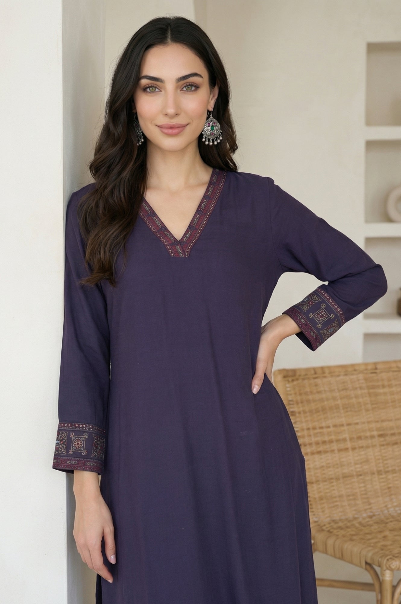 Blue Embroidered A-line Kurta