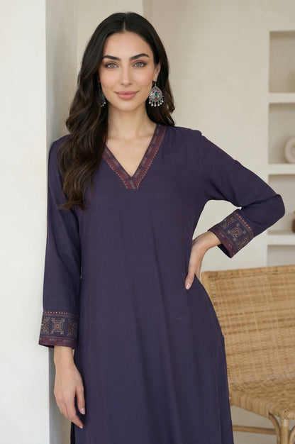 Blue Embroidered A-line Kurta