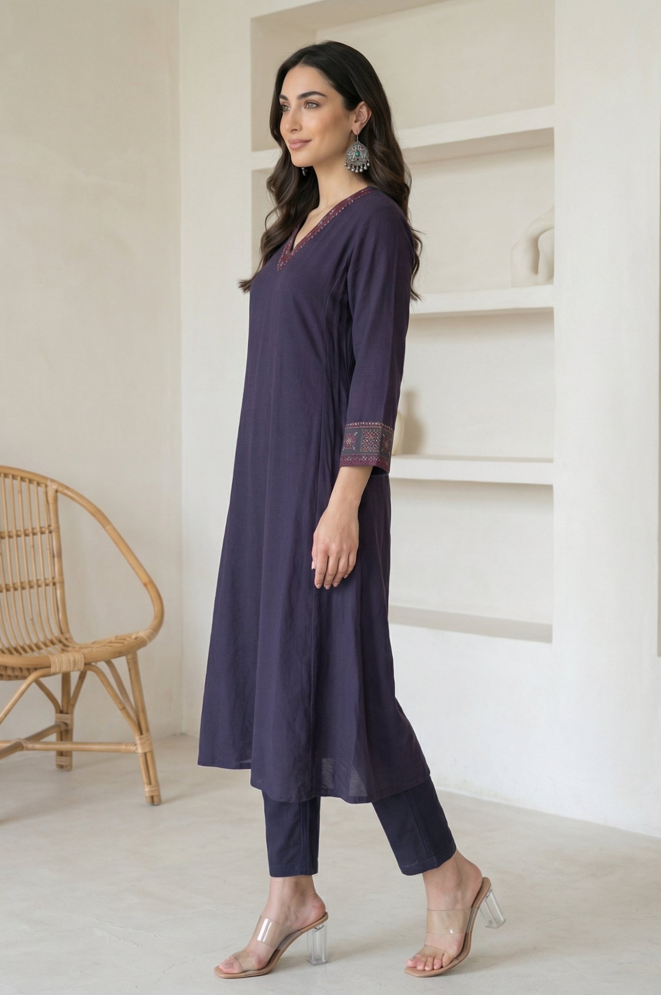 Blue Embroidered A-line Kurta