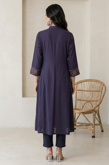 Blue Embroidered A-line Kurta