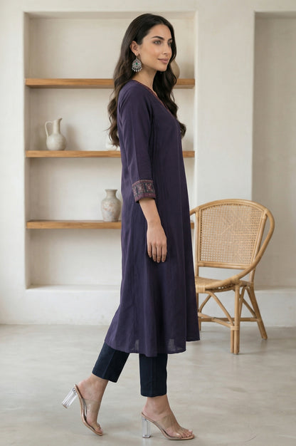 Blue Embroidered A-line Kurta