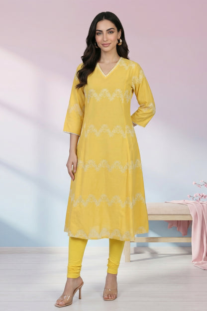 Yellow Thread Embroidered Pure Cotton Flared Kurta
