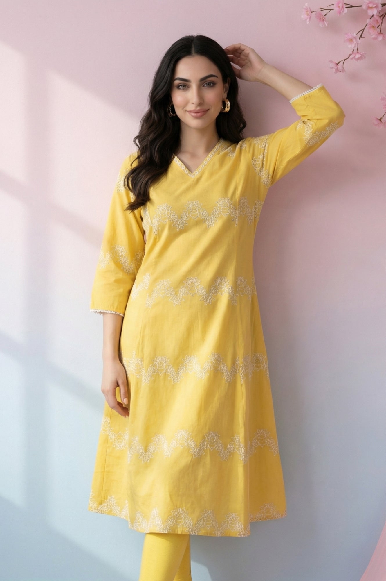 Yellow Thread Embroidered Pure Cotton Flared Kurta