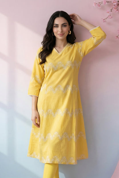 Yellow Thread Embroidered Pure Cotton Flared Kurta