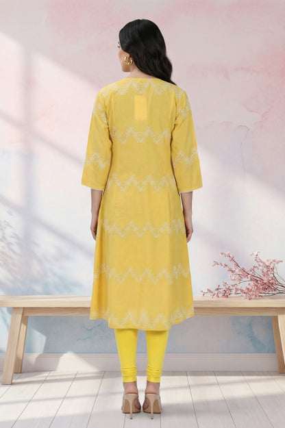 Yellow Thread Embroidered Pure Cotton Flared Kurta