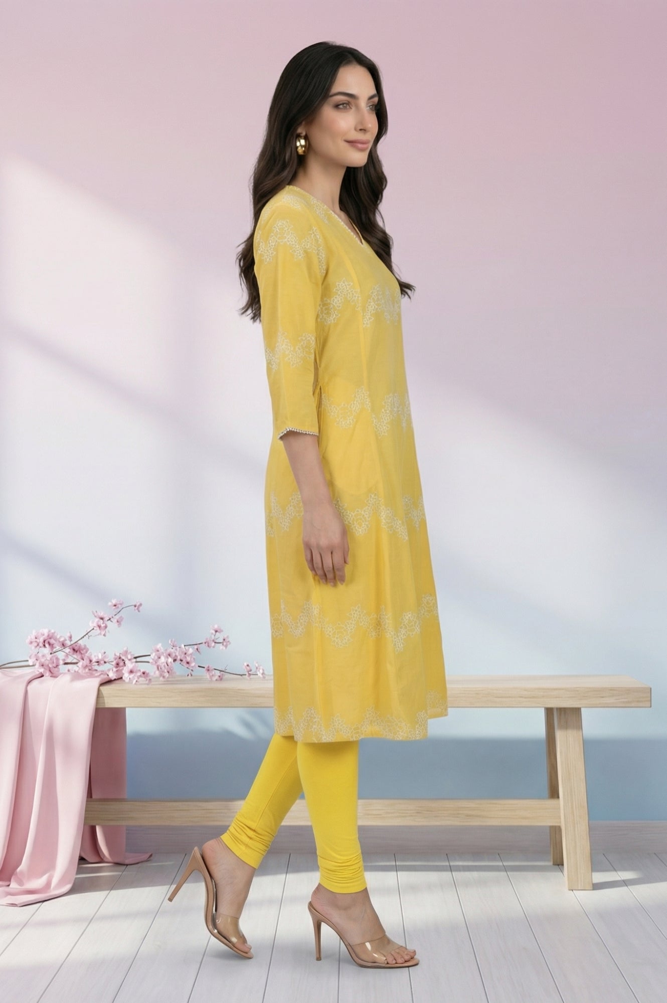 Yellow Thread Embroidered Pure Cotton Flared Kurta