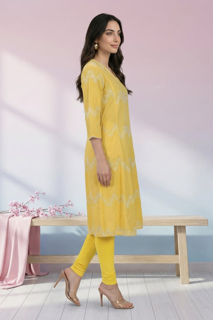 Yellow Thread Embroidered Pure Cotton Flared Kurta