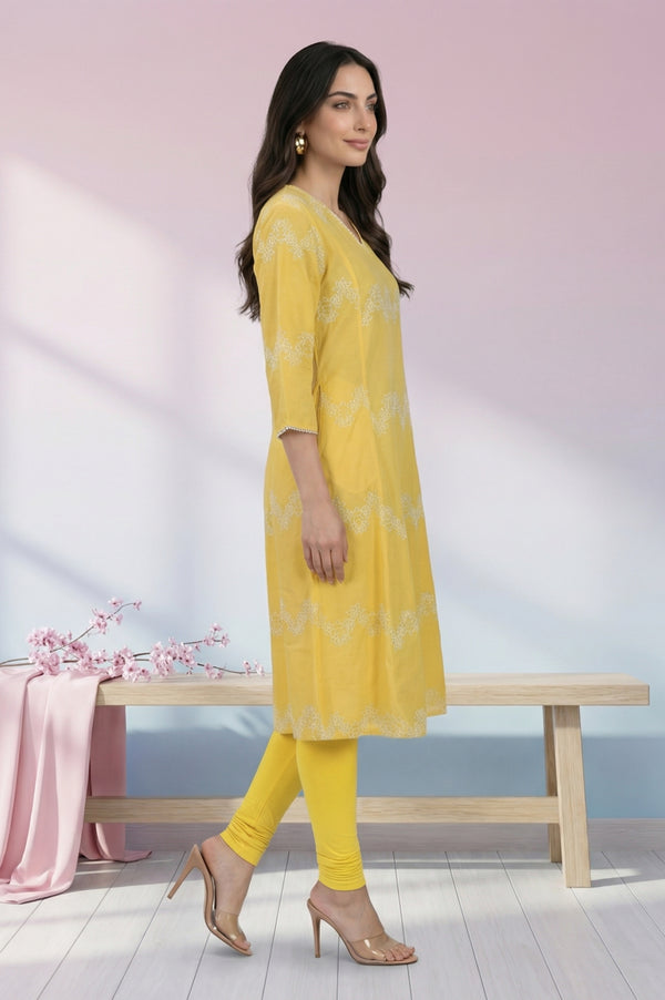 Yellow Thread Embroidered Pure Cotton Flared Kurta