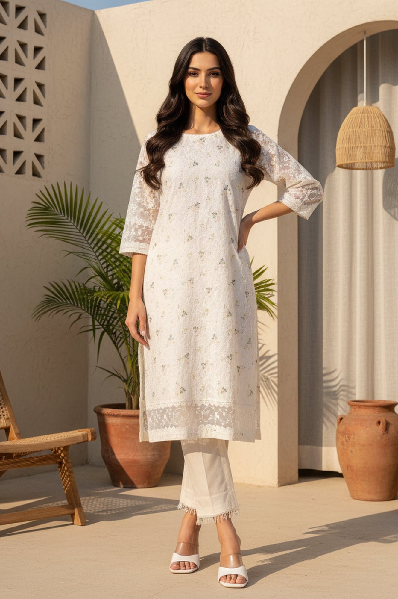 Off White Schiffly Schiffily Thread Work Pure Cotton Straight Kurta