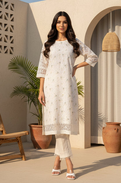 Off White Schiffly Schiffily Thread Work Pure Cotton Straight Kurta