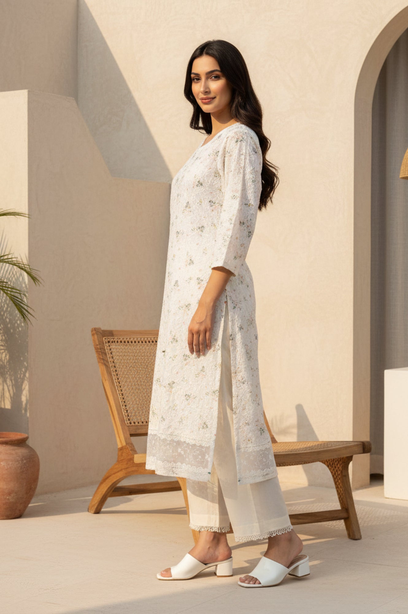 Off White Schiffly Schiffily Thread Work Pure Cotton Straight Kurta