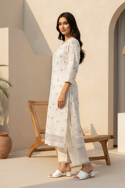 Off White Schiffly Schiffily Thread Work Pure Cotton Straight Kurta