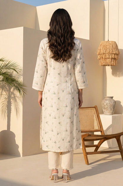 Off White Schiffly Schiffily Thread Work Pure Cotton Straight Kurta
