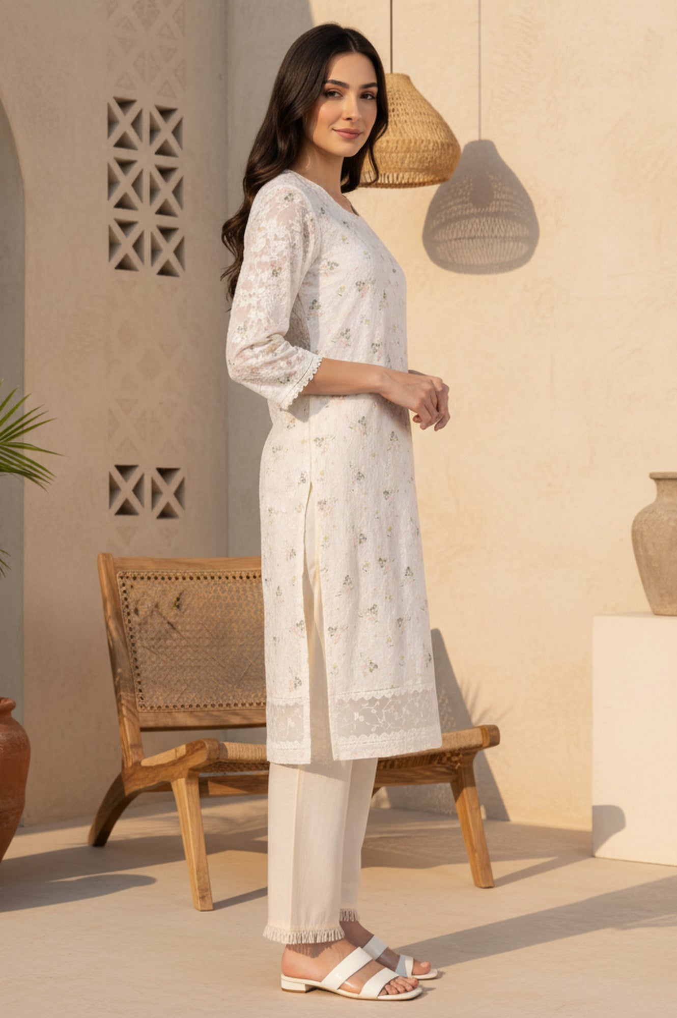 Off White Schiffly Schiffily Thread Work Pure Cotton Straight Kurta
