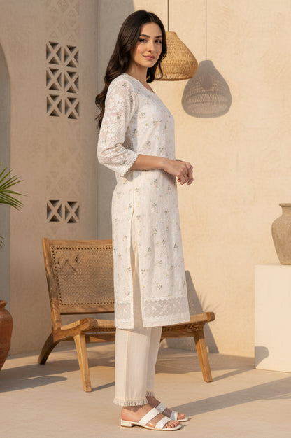 Off White Schiffly Schiffily Thread Work Pure Cotton Straight Kurta