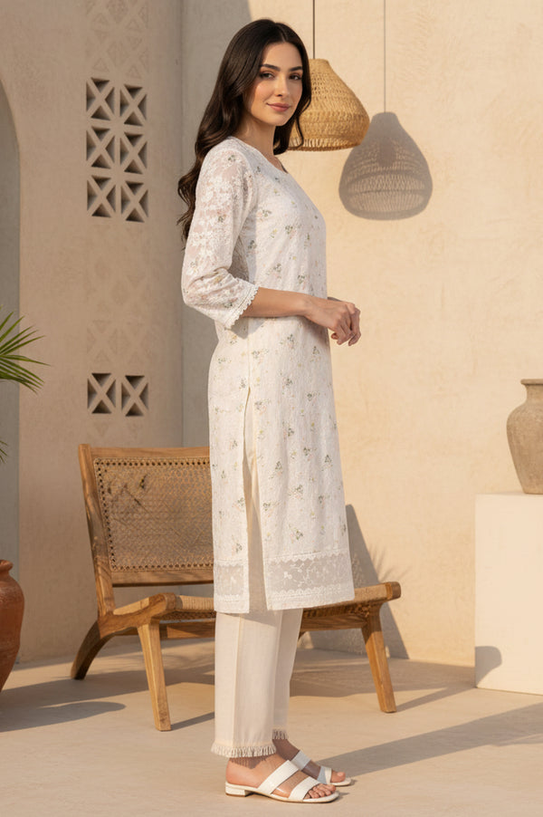 Off White Schiffly Schiffily Thread Work Pure Cotton Straight Kurta