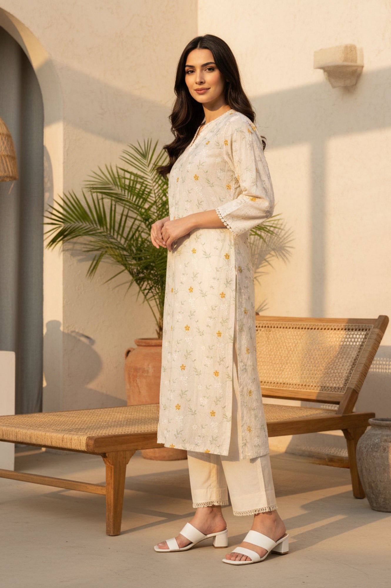 Off White Floral Printed Lace Rayon Straight Kurta