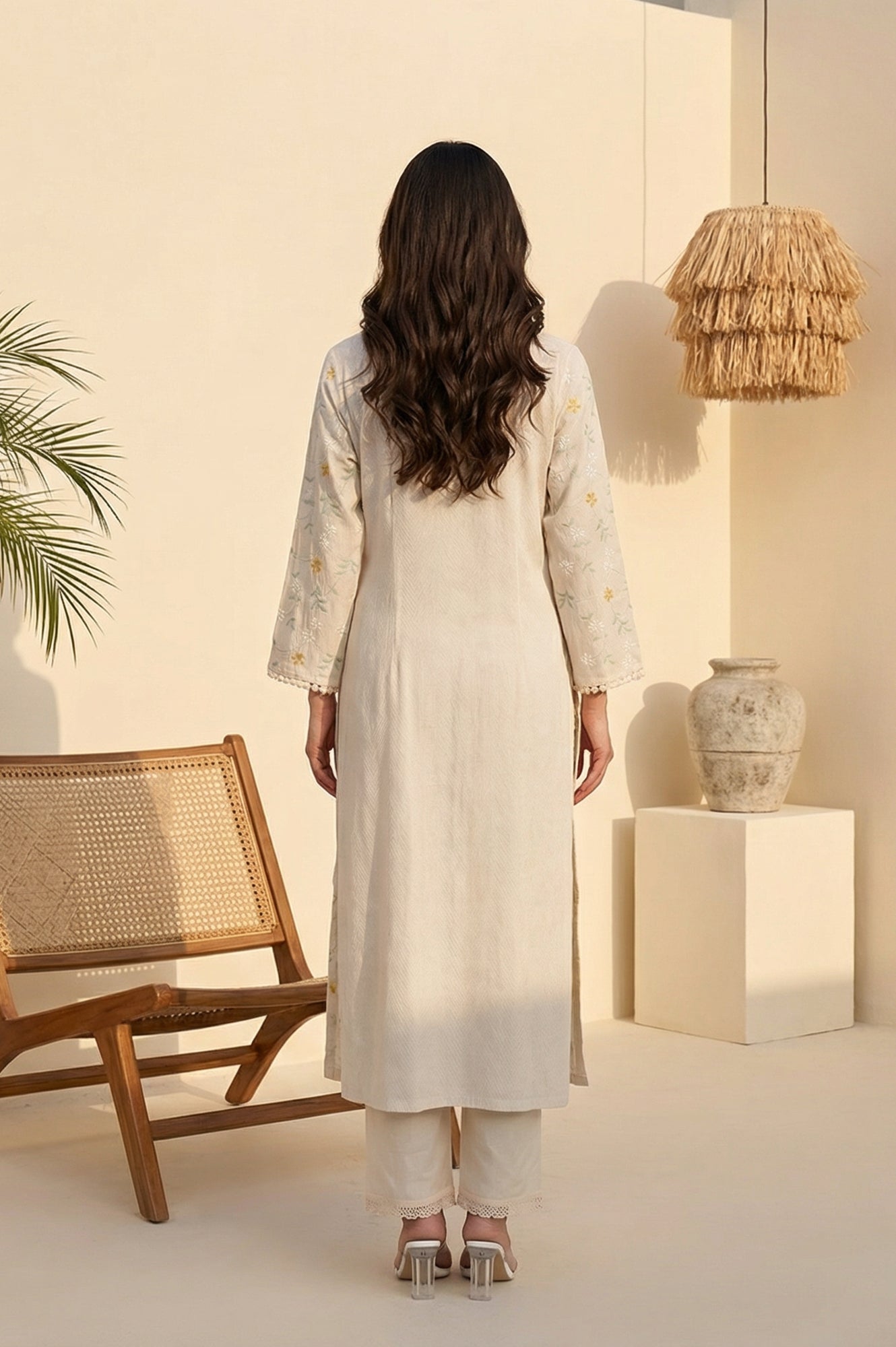 Off White Floral Printed Lace Rayon Straight Kurta