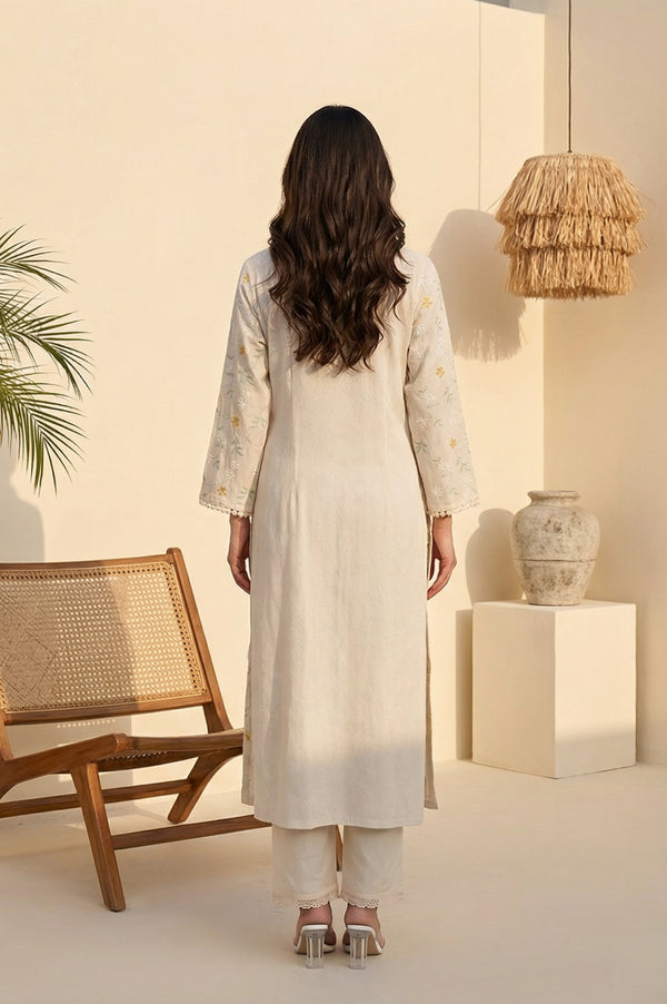 Off White Floral Printed Lace Rayon Straight Kurta