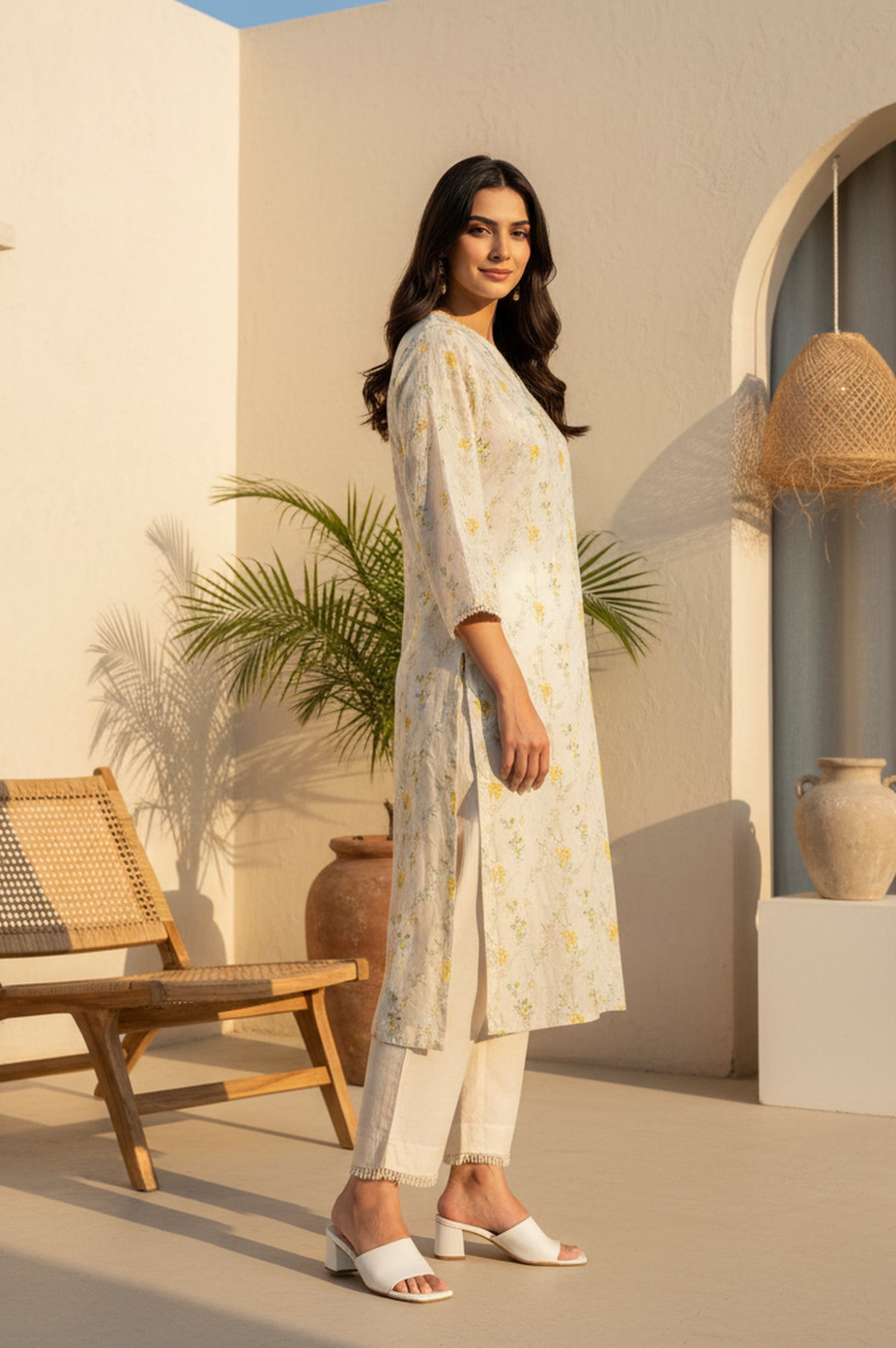 Off White Floral Printed Lace Rayon Straight Kurta