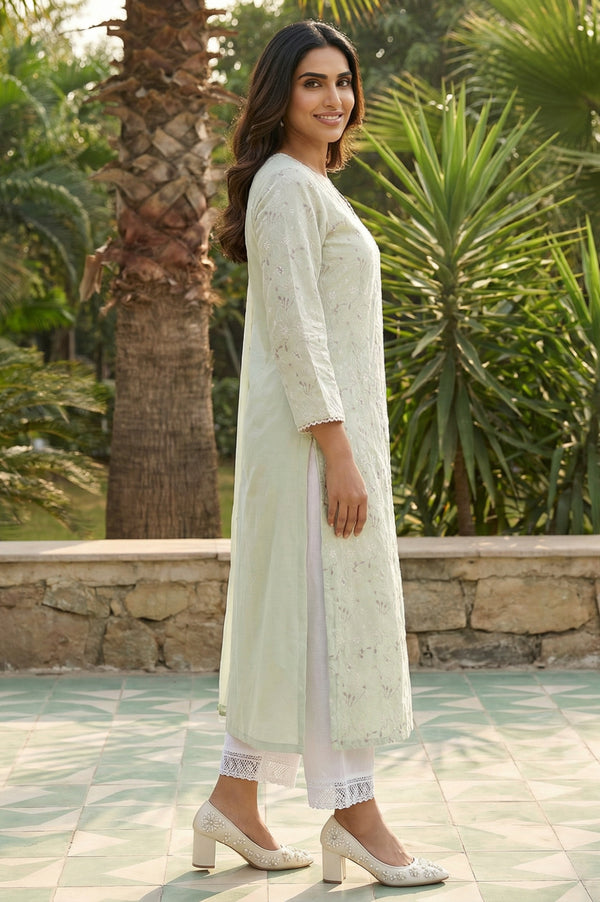 Green Chikankari Pure Cotton Straight Kurta