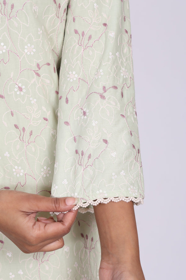 Green Chikankari Pure Cotton Straight Kurta