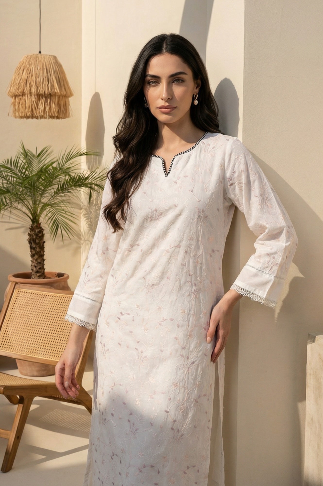 White Chikankari Embroidered Sequins Pure Cotton Straight Kurta