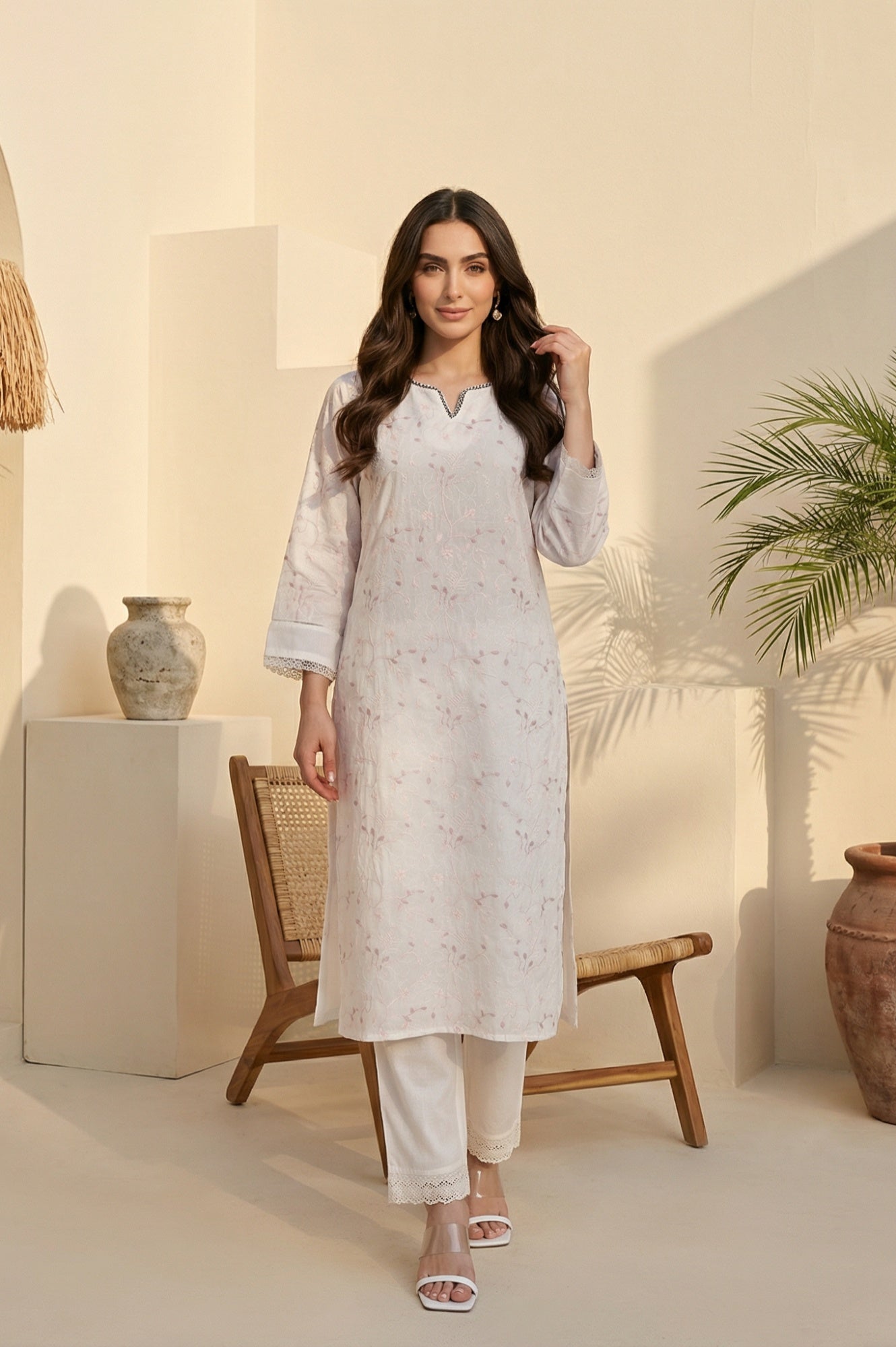 White Chikankari Embroidered Sequins Pure Cotton Straight Kurta