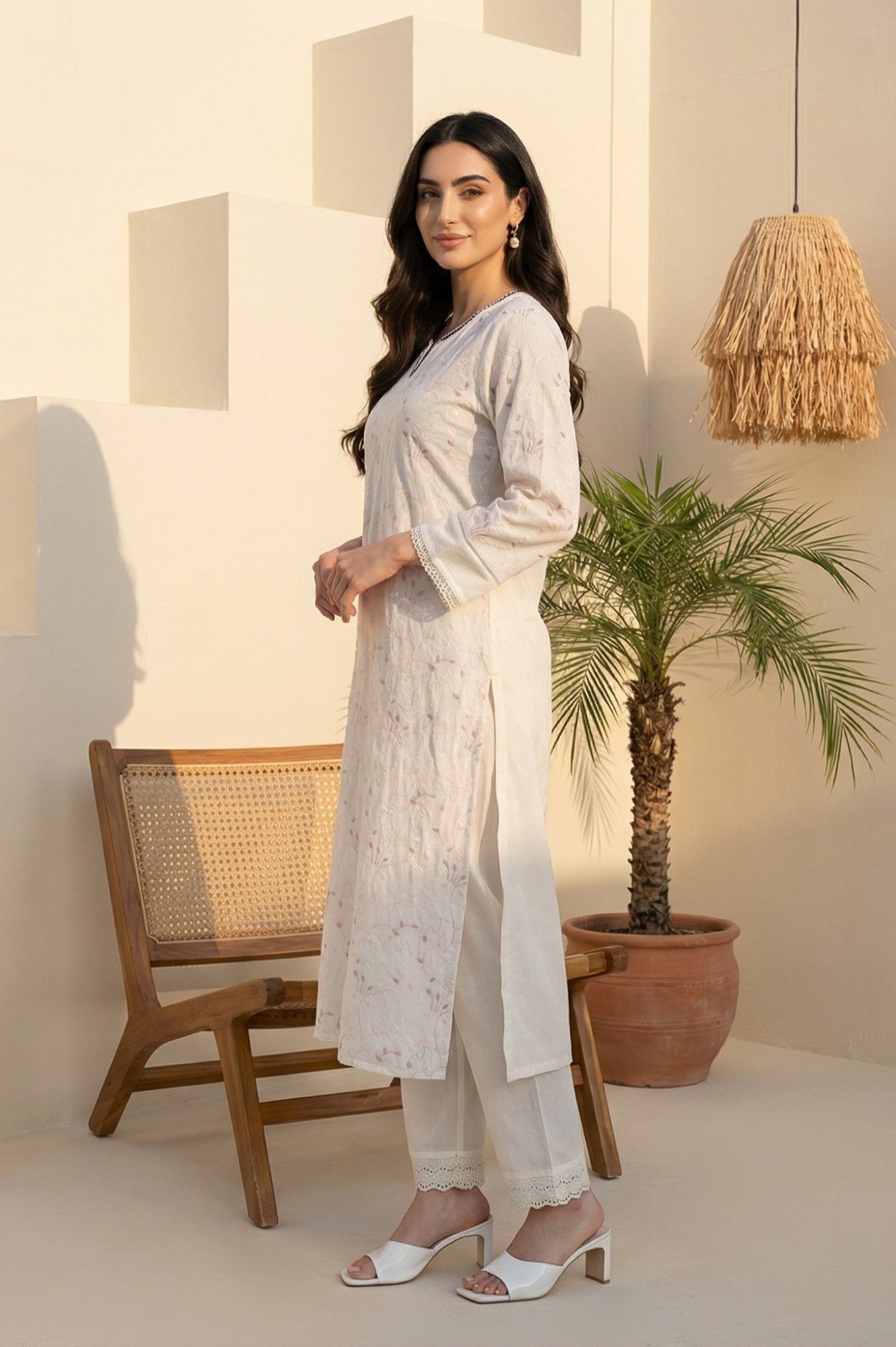 White Chikankari Embroidered Sequins Pure Cotton Straight Kurta