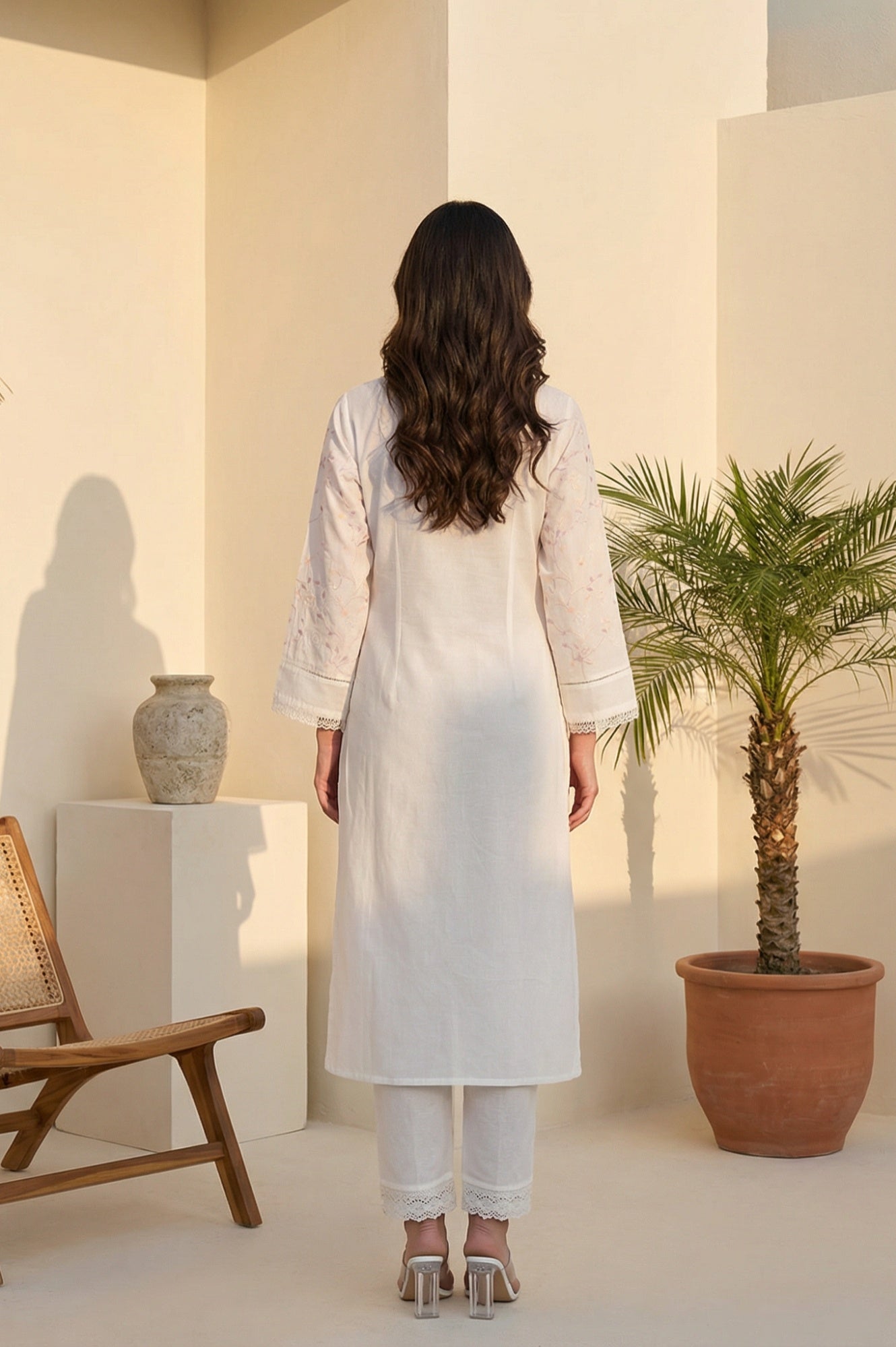 White Chikankari Embroidered Sequins Pure Cotton Straight Kurta