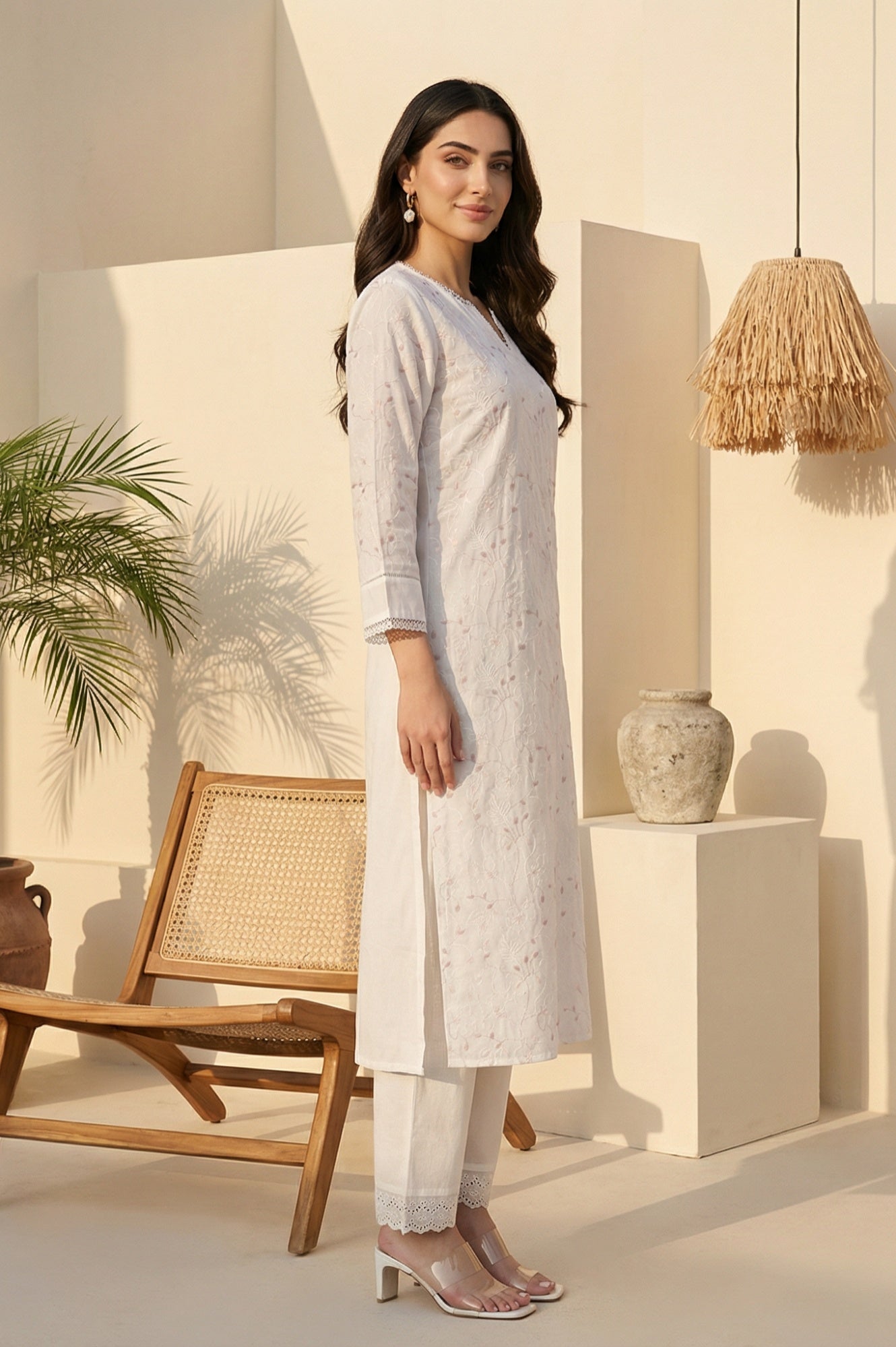 White Chikankari Embroidered Sequins Pure Cotton Straight Kurta