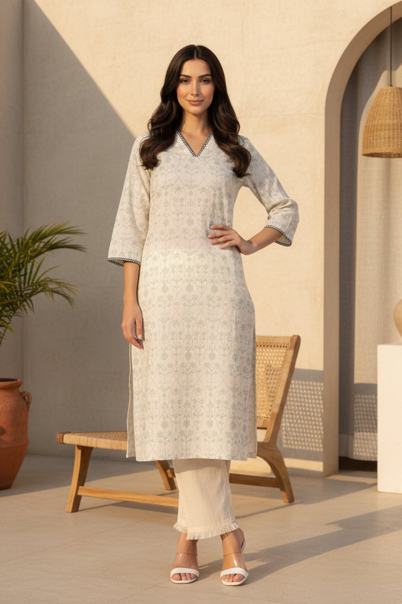 Off White Floral Printed Piping Detail Pure Cotton Straight Kurta